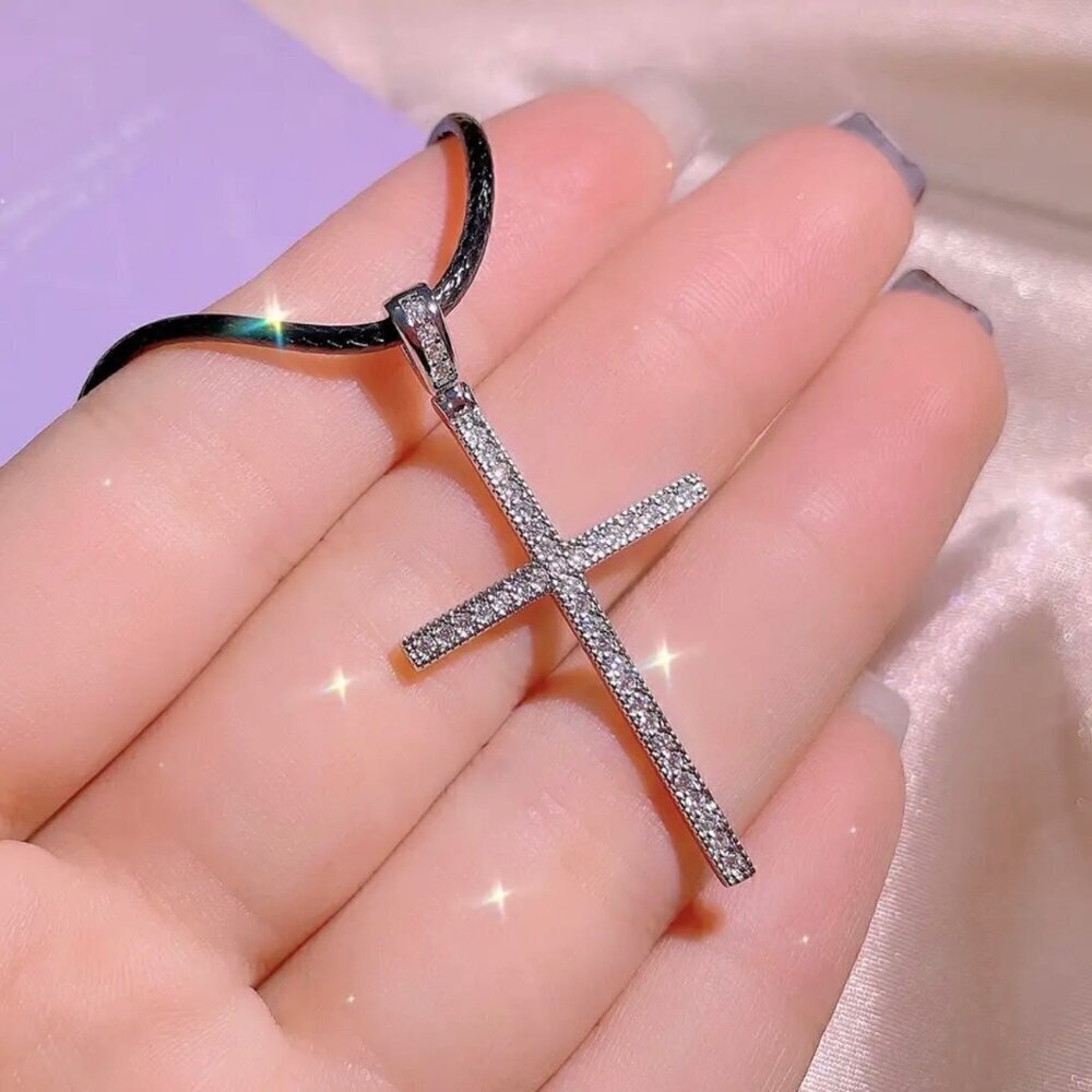 NWT Cross Pendant Necklace S925 Sterling Silver Choker Black Cord CZ Inlaid 17” - Picture 7 of 10